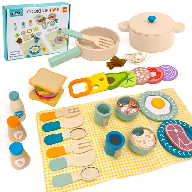 Wooden Kitchen Pretend Play Set Montessori Simulation Plates Dishes Accessories Kitchen Playset Toy for Toddlers Gifts Ages 3+ 5