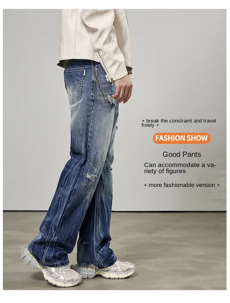 Description Picture 6 of item2024New Ripped Jeans Men's Personality Fashion Design American High Street Style Loose Straight Flare Pants