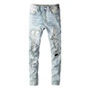 Men Crystal Holes Ripped Patchwork Jeans Streetwear Light Blue Denim Slim Skinny Pencil Pants Trousers 1