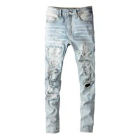 Men Crystal Holes Ripped Patchwork Jeans Streetwear Light Blue Denim Slim Skinny Pencil Pants Trousers 1