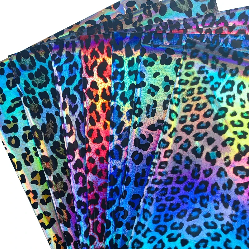 

1 yard Leopard Print Iridescent PVC Vinyl Holographic Synthetic Fabric Laser Rainbow Film for DIY Patchwork Bags Bows Making