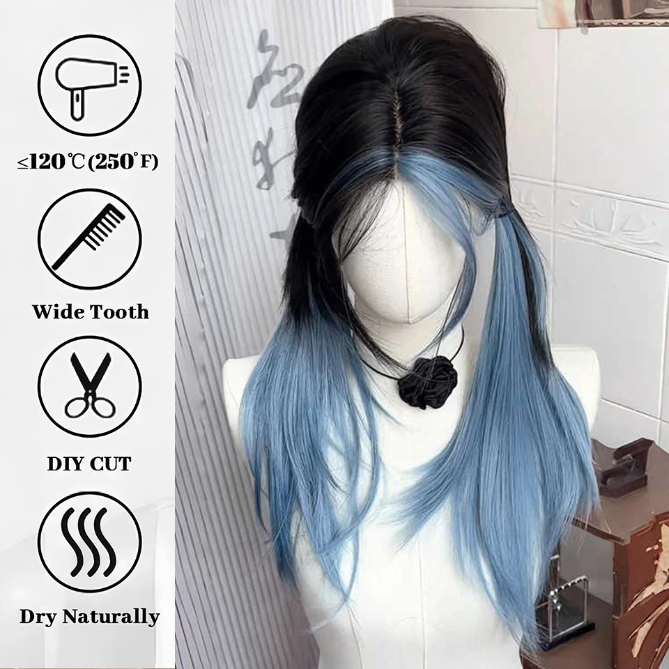 Synthetic Blue Black Straight Wig with Bangs for Women Cosplay