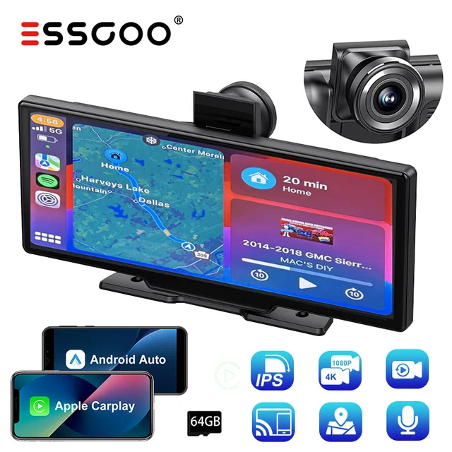 ESSGOO 10.26 "4K 64G écran tactile Portable sans fil Bluetooth stéréo CarPlay Android Auto carte double lentille voiture Dash Cam FM AUX WIFI 1