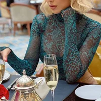 2024 Fashion Animal Printing O-neck Sheer Mesh Bodysuit Tops Sexy Casual Long Sleeve High Waist Skinny Playsuits Club Streetwear - Image 2