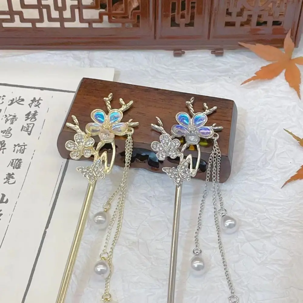 Chinese Style Flower Rhinestone Hair Stick Ancient Style Pearl Tassel Hair Sticks for Long Hanfu Headwear Alloy