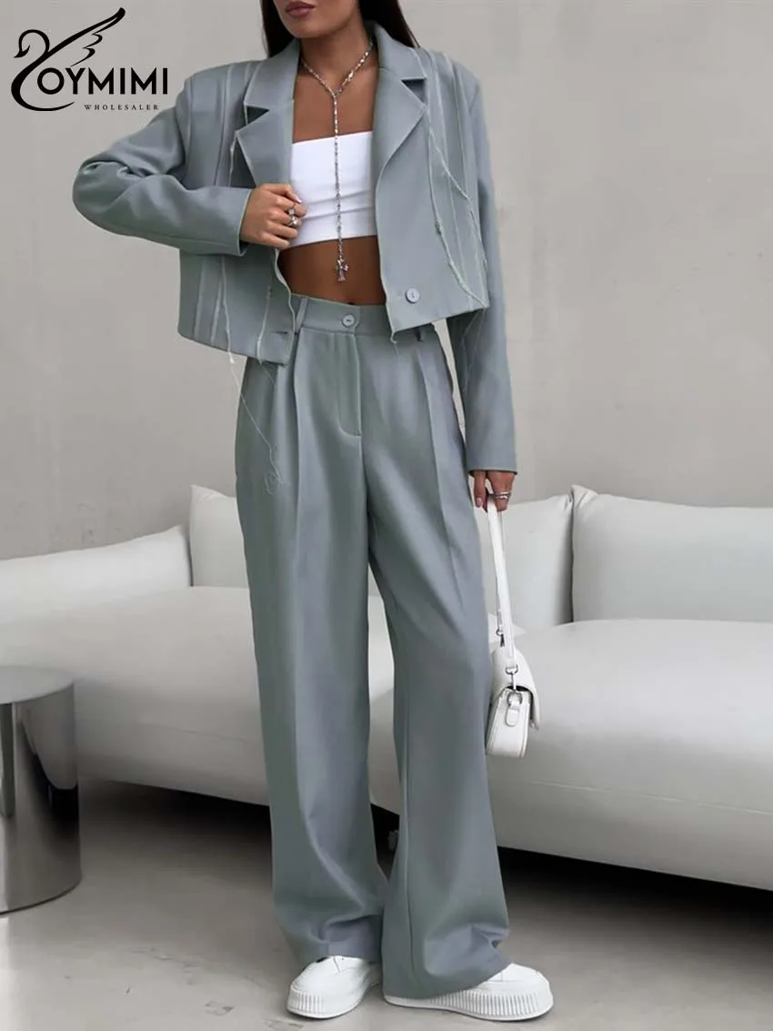 Oymimi Elegant Green Women Two Piece Set Fashion Long Sleeve Single Button Shirts And Simple Straight Trousers Office Lady Sets