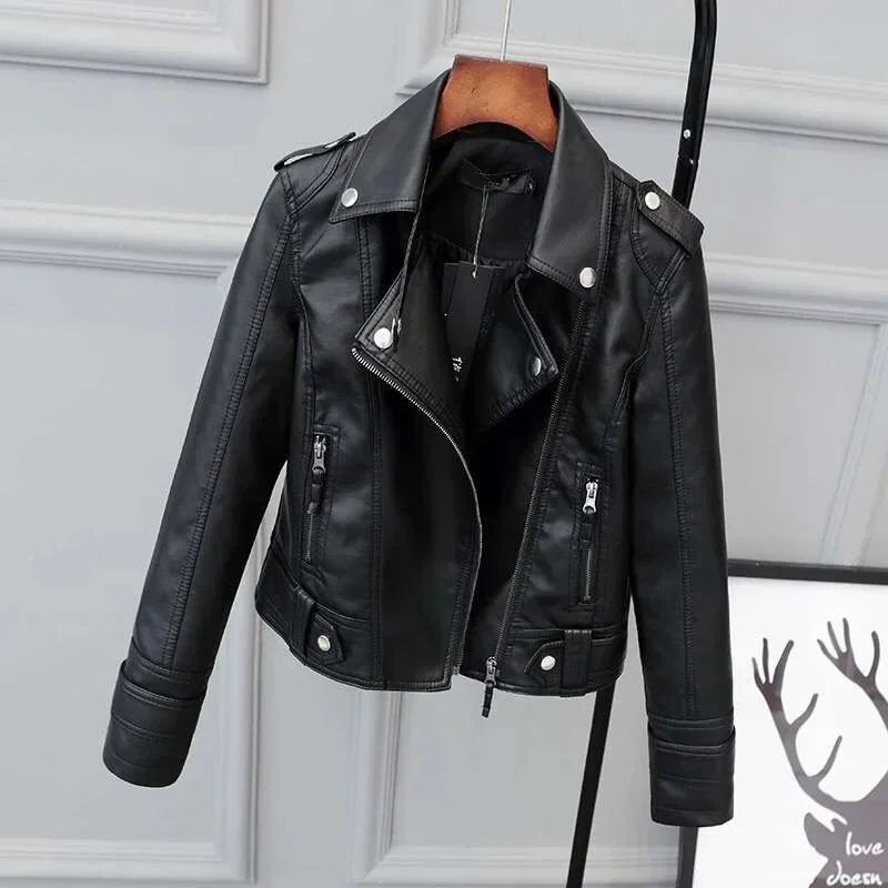 Spring Fall Women Short Black PU Jacket Gothic Punk Style Fashion Motorcycle Leather Jacket Casual Wild Coat Goth Winter Coats black faux leather cropped jacket women autumn vintage elegant coats ladies pu punk style thin fashion overcoat winter