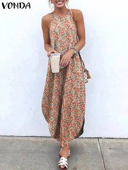 VONDA Bohemian Maxi Dress 2025 Summer Robe Women Sexy Sleeveless Halter Dresses Asymmetrical Printed Long Beach Sundress 1