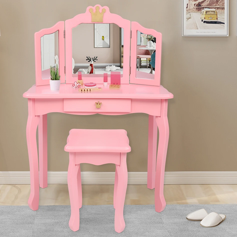 Children's Wooden Dresser W/Three-Sided Folding Mirror Dressing Table Chair Single Drawer Pink/White Crown Style[US-Stock]