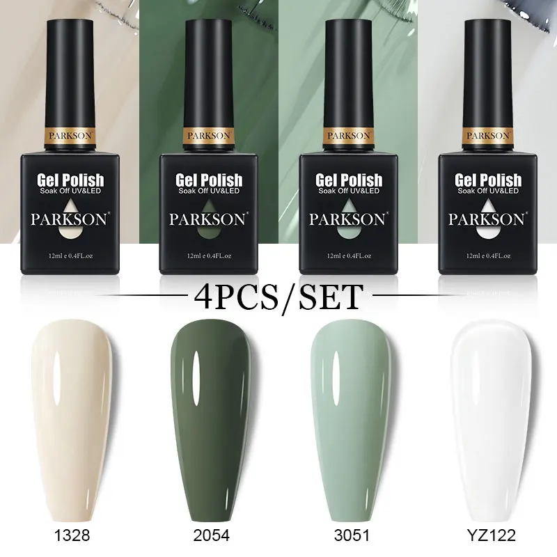 Parkson 누드 그린 젤 광택제 반투명 형광 글리터 래커, LED UV 매트 탑 코트, 베이스 코트, 바니시, 매니큐어, 4 개