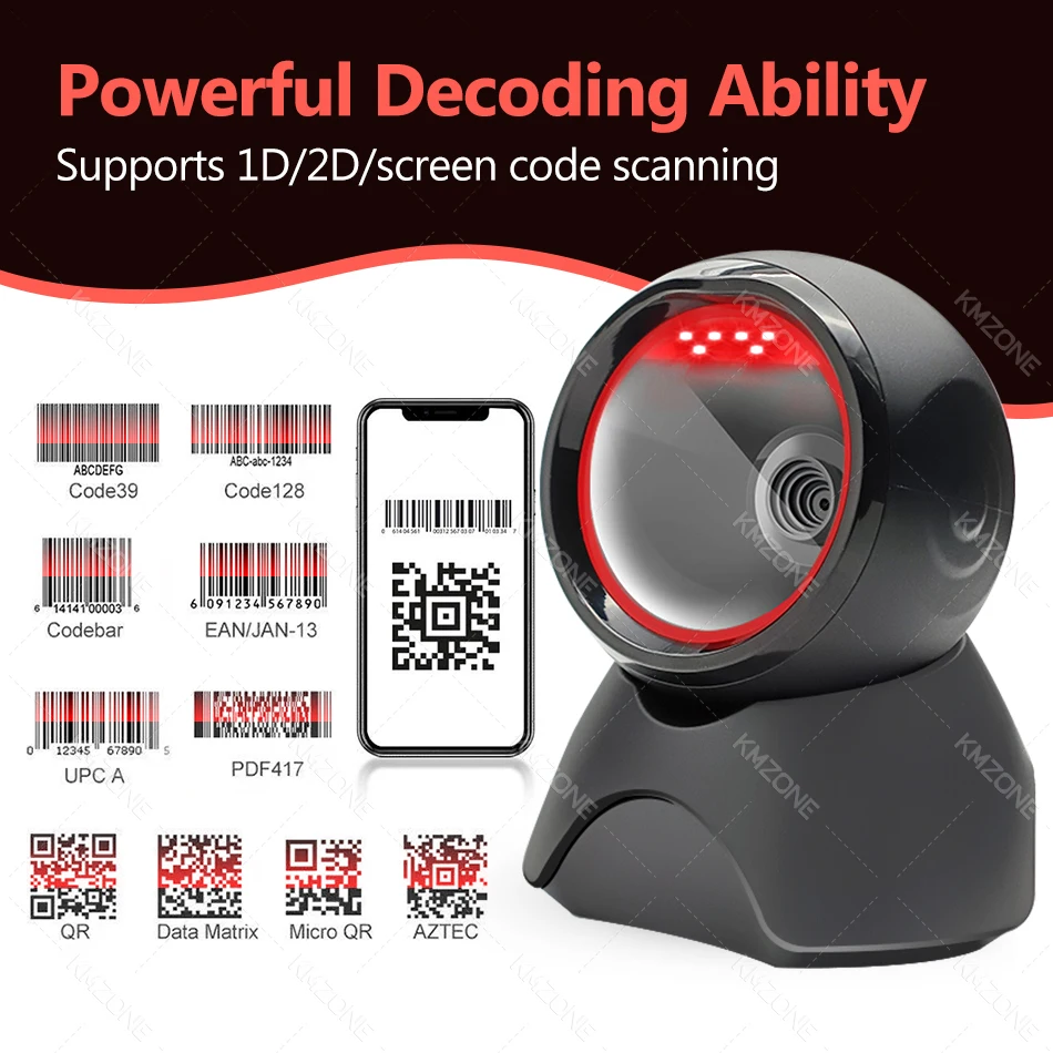 데스크톱 2D QR 바코드 스캐너, 전 방향 핸즈프리 유선 USB 대형 바코드 리더, 1D QR 스크린, 상점용 바코드 스캐닝