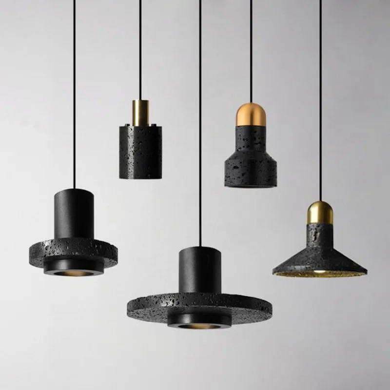 

High-end black travertine cement terrazzo pendant light industrial wind post-modern personality hat light