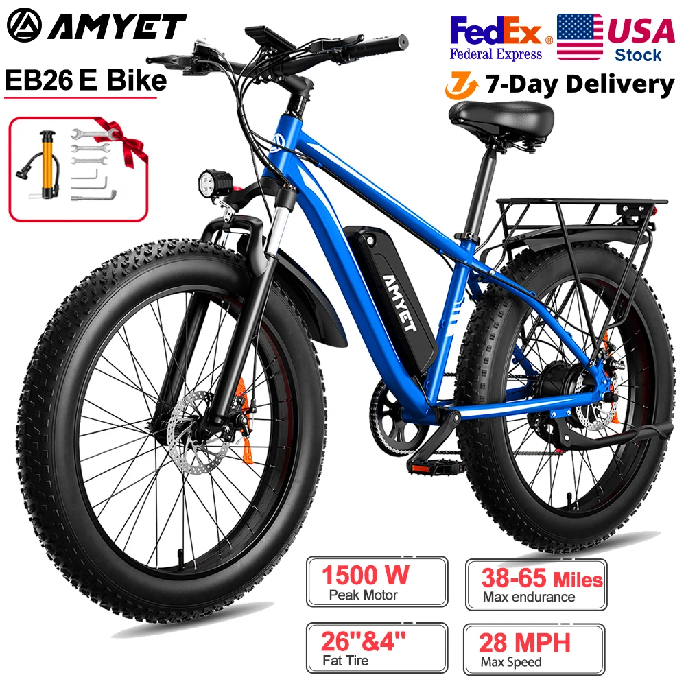 AMYET Electric Bike EB26 Blue Adults Electric Bicycle 31mph Peak 1500W 720WH Ebike 26" Fat Tire Mountain Bike Electric Dirt Bike