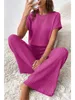 Simple Style Rib Knit Long Pants Suit Women Casual Short Sleeve T-shirt & Loose Trousers 2 Piece Sets Summer Autumn Women Set 6