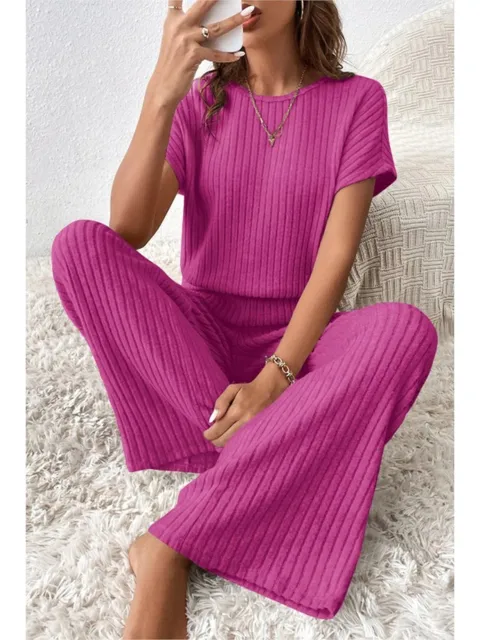 Simple Style Rib Knit Long Pants Suit Women Casual Short Sleeve T-shirt & Loose Trousers 2 Piece Sets Summer Autumn Women Set 6