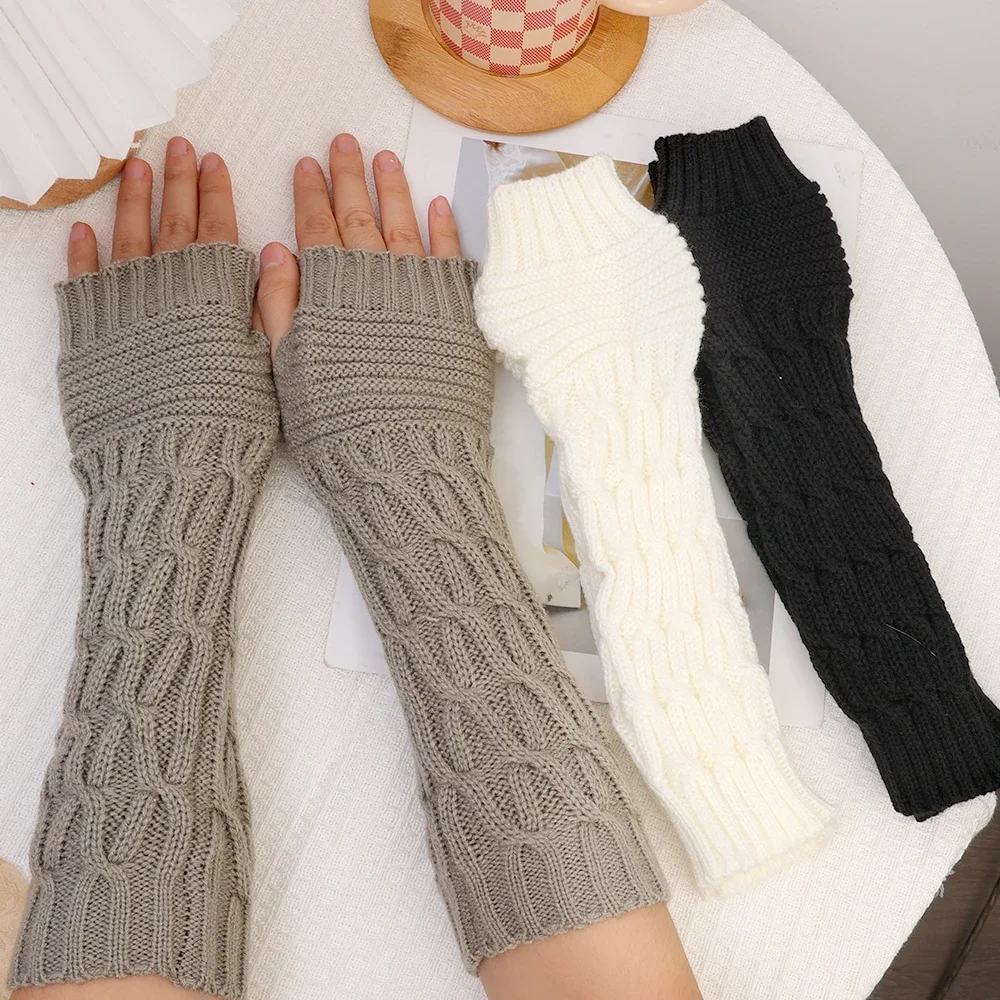 Guantes de mano largos de punto para Mujer, Guantes sin dedos, cálidos, bordados, Invierno