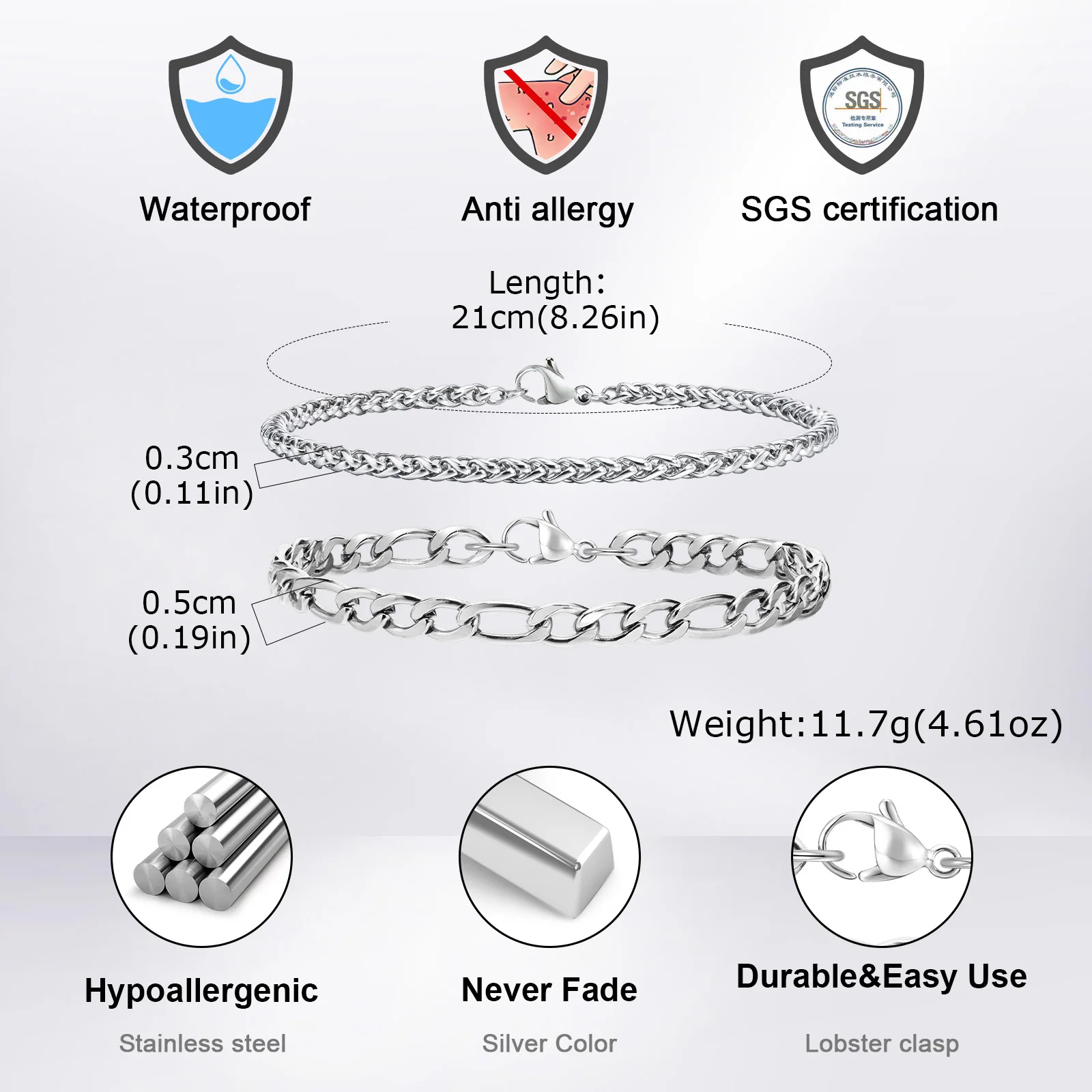 2pcs Stainless Steel Bracelet for Men,Silver Color Wheat Chain Figaro Chain Link Bracelets,Hip Hop Trend Jewelry Gift