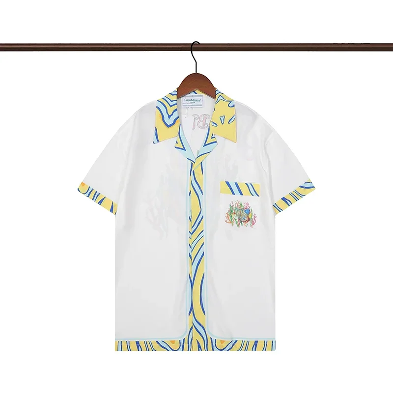 

CASABLANC Cartoon Fish+Letter Printing Polyester Shirt Thin Oversize Breathable Button Men Women TEE Lapel Collar Short Sleeve
