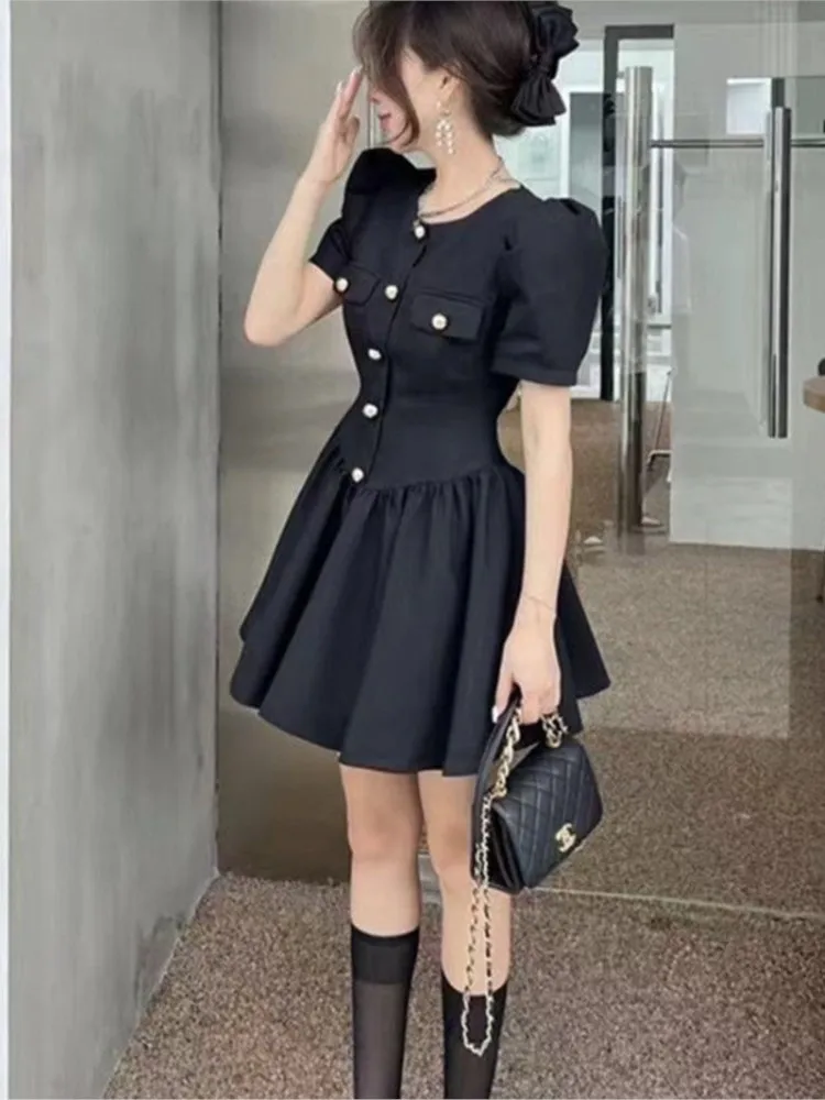Women Mini Princess Dress Elegant Puff Sleeve O Neck High