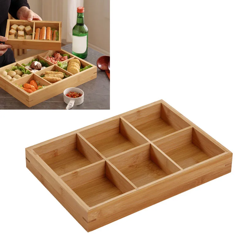 ZK20 Divided Wooden Tray Multi Compartments Serving Tray for Hot Pot Restaurants Sushi Plate 6 Compartments