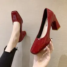 

High heels Women's 2022 New Spring Pumps Korean Version Square Toe Shallow Shoes Ladies Thick heel Patent Leather Female Shoes