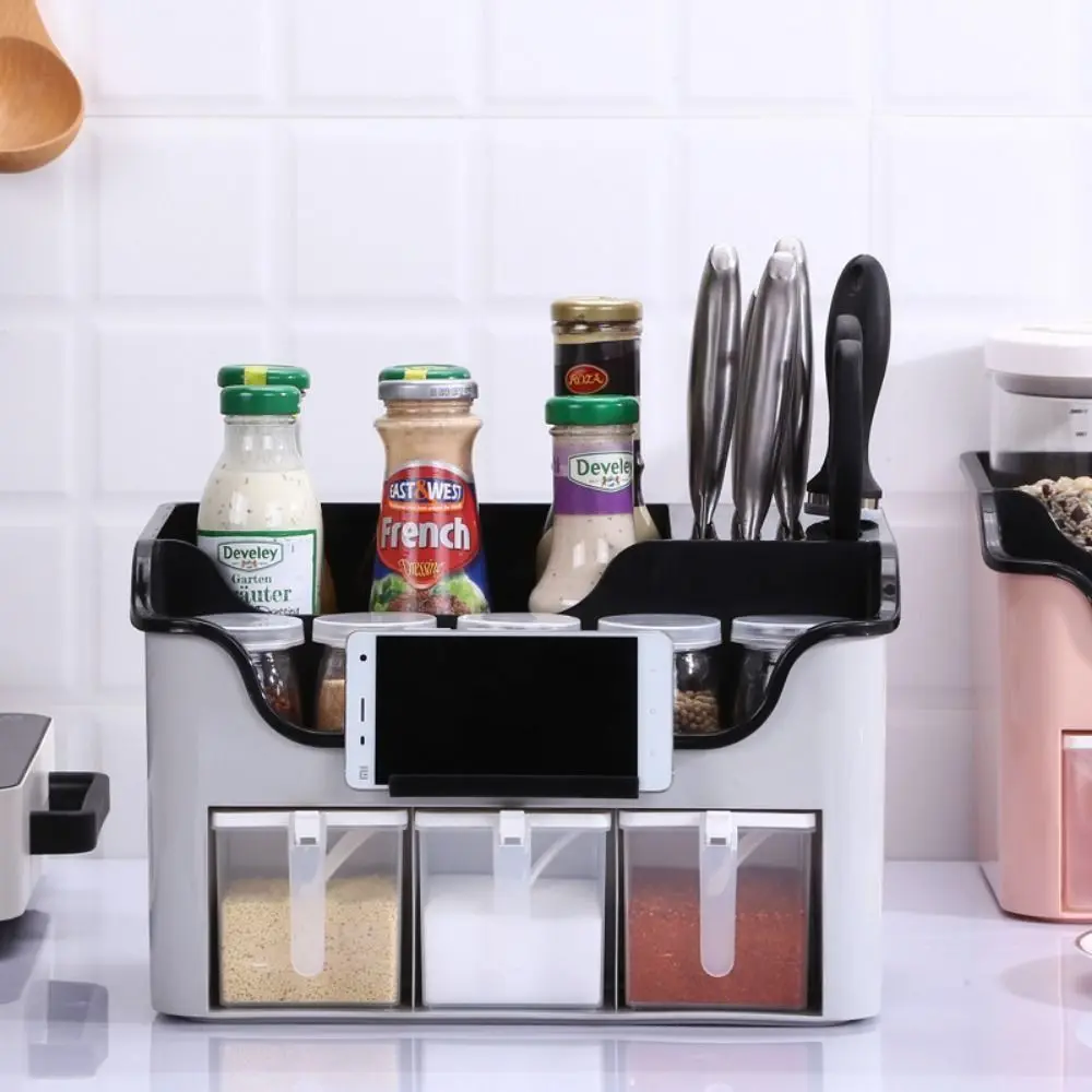 

Multi-functional Spice Rack Freestanding Knives Holder Condiment Container Drain Tray Space Saving Cutlery Organizer Baking