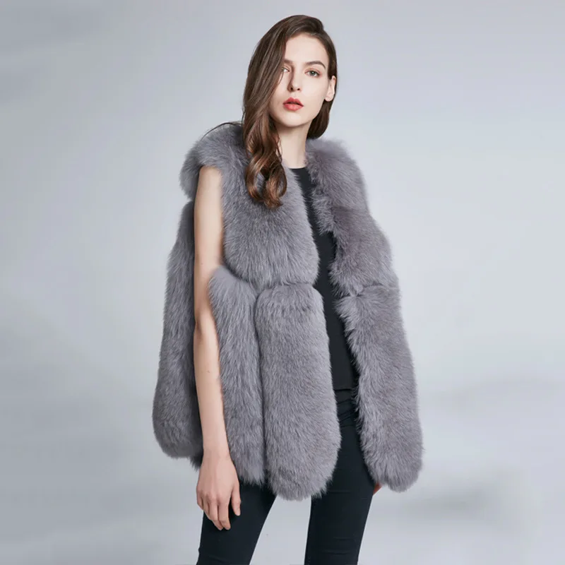 Fox Fur Grass Vest Women's Mid Length True Fur Grass Coat Sleeveless Autumn/Winter Warm Coat Women