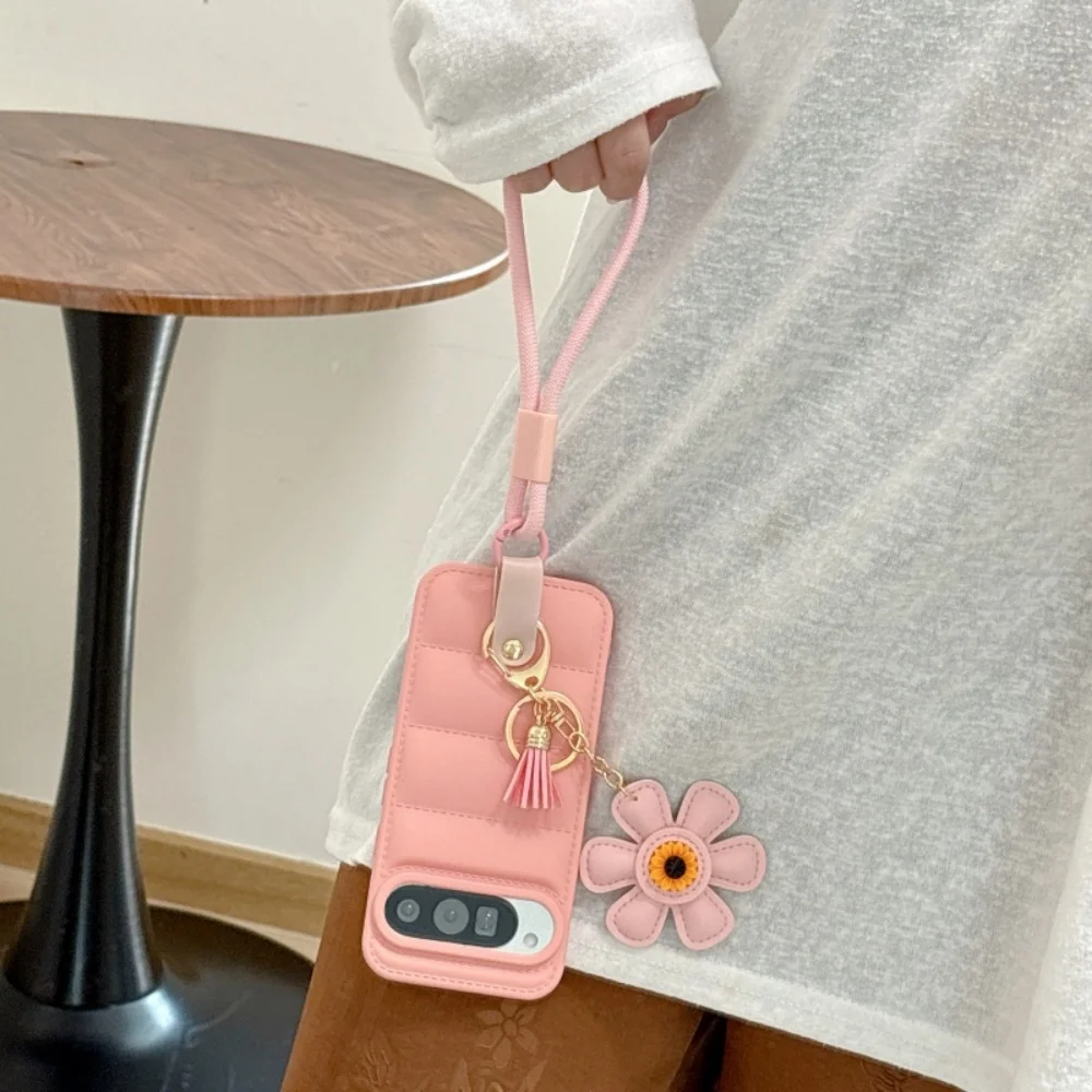 Cartoon Sunflower Down Jacket Lanyard Case with Hand Wrist Strap - Soft TPU Cover