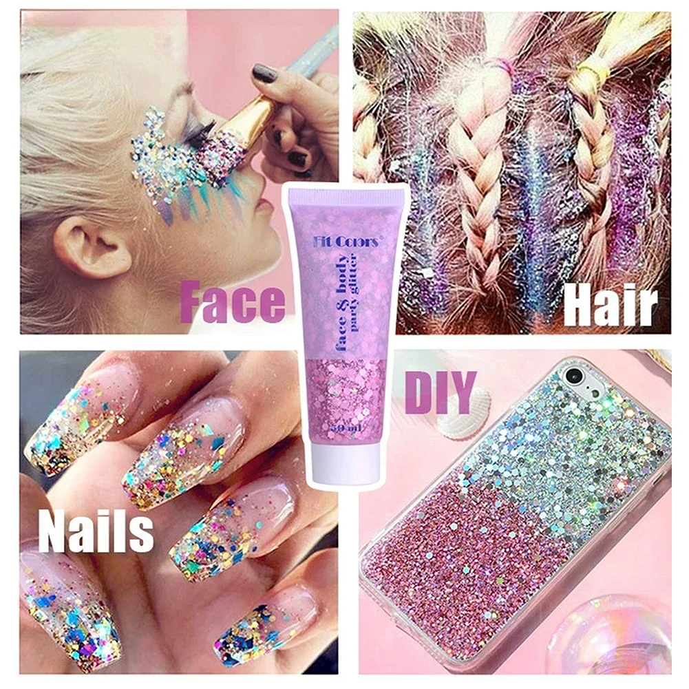 Vibrant 20-Color High Shine Glitter Gel 50ml - Waterproof Sparkling Makeup for Face, Body, Nails, and Hair