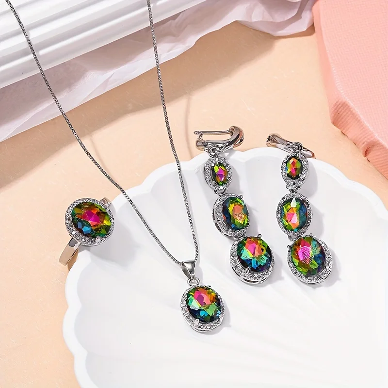1 Pair Of Earrings + 1 Necklace + 1 Ring Elegant Jewelry Set Inlaid Shining Zirconia Engagement/ Wedding Jewelry Gift For Female - 5