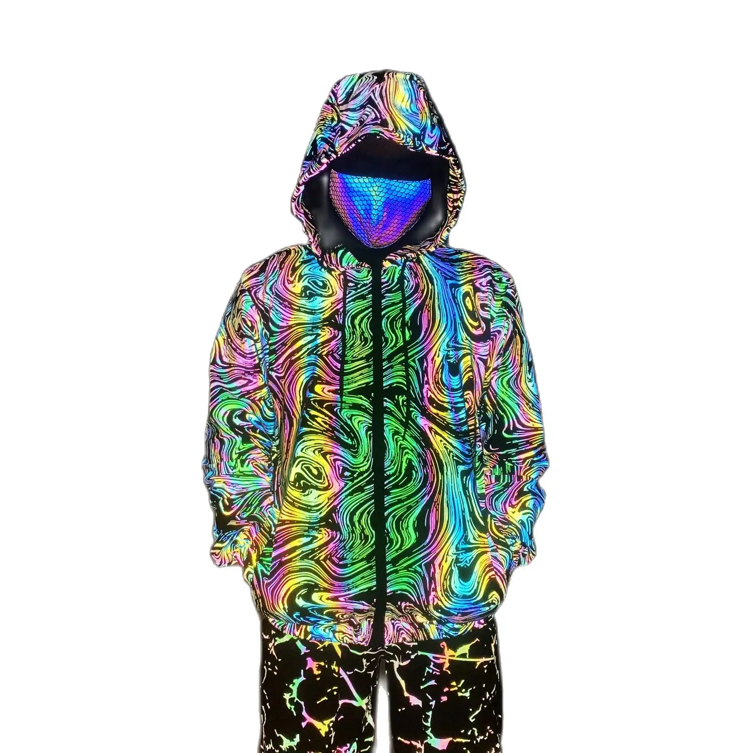 2022 Rainbow Color Reflective Knitted Jacket Men Women Nightclub Hip Hop Breathable Hooded Jackets And Coats 2