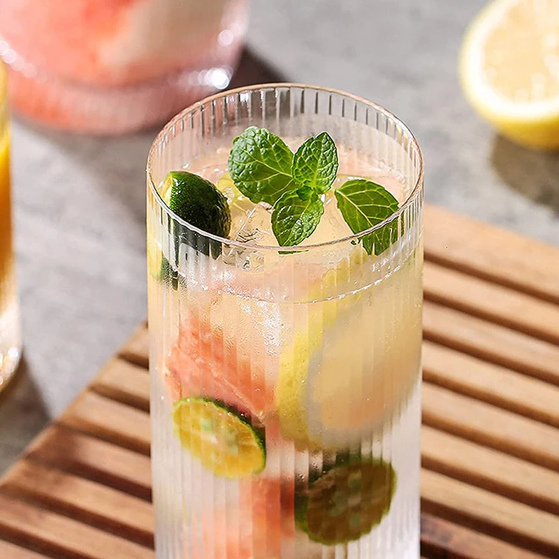 Glass Cups Vintage Glassware Set of 4 Transparent Cocktail Glasses Set, Bar Beverages Ice Coffee Cup Juice Ripple Drinkware