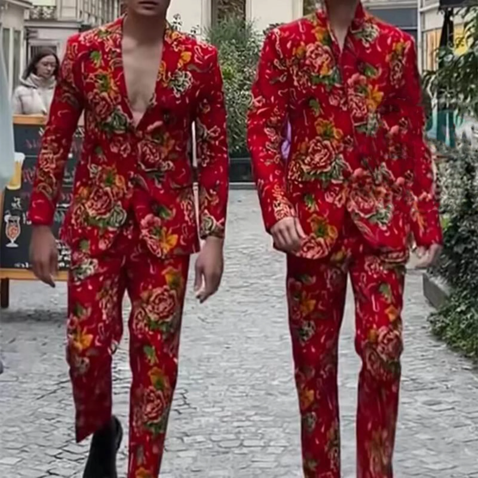 Chinese Style Men Flower Fashion High End Slim Wedding Banquet Slim Prom Tuxedo Classic Chinese Style Mens Business Suit