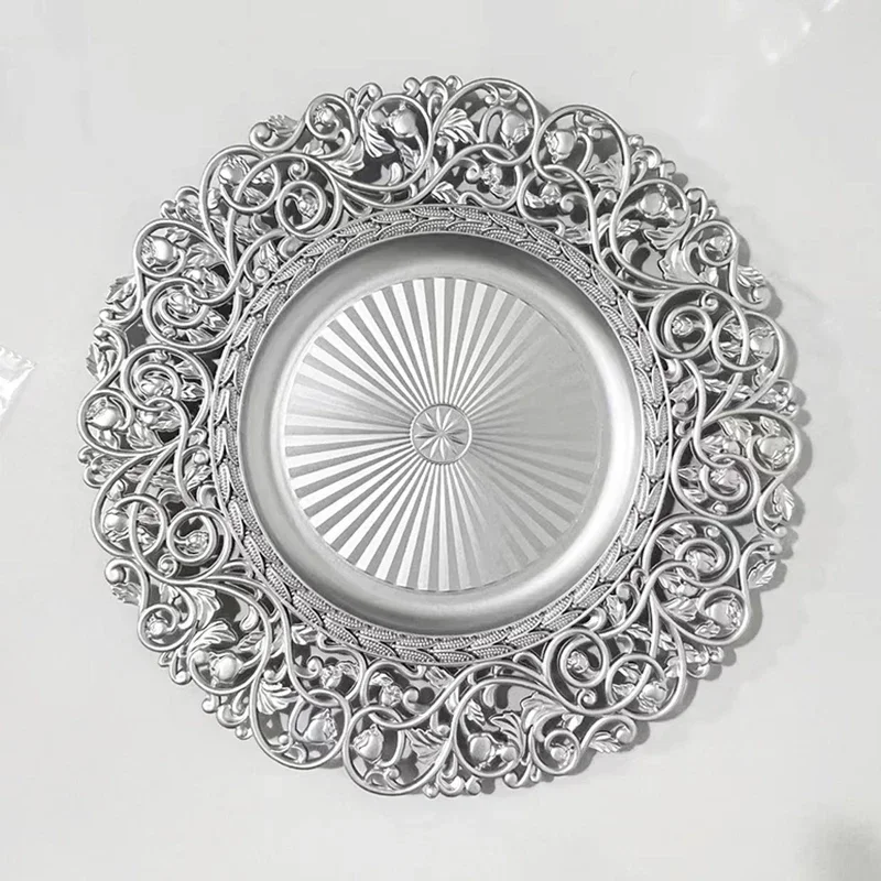 13inch Luxury Hollow Flower Tray Plastic Home Dining Plate Wedding Dessert Cake Tray Western Steak Kitchen Dish Charger 100pcs 5