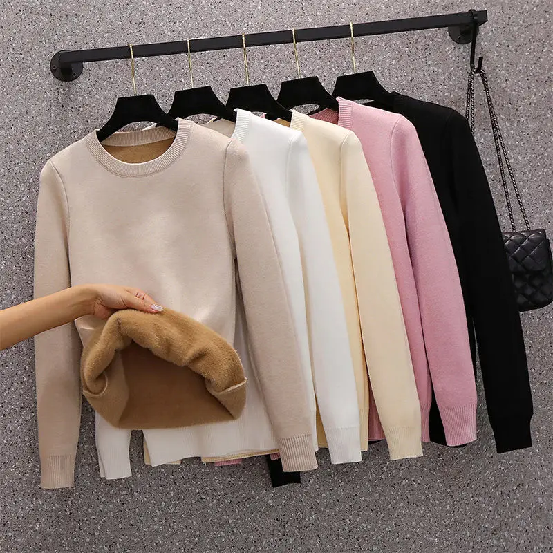 

2023 New Sweater Women's Plush Thickened Knitwear Autumn and Winter Round Neck Plush Warm Coat