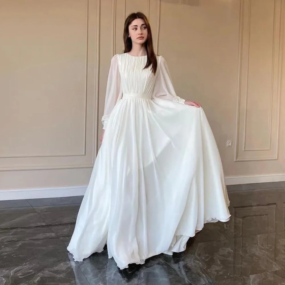Muslim Ivory A-line Wedding Dresses Satin Draped 2023 New Design Pleat Full Brideing Gown Floor Length O-Neck robe de mariée 4