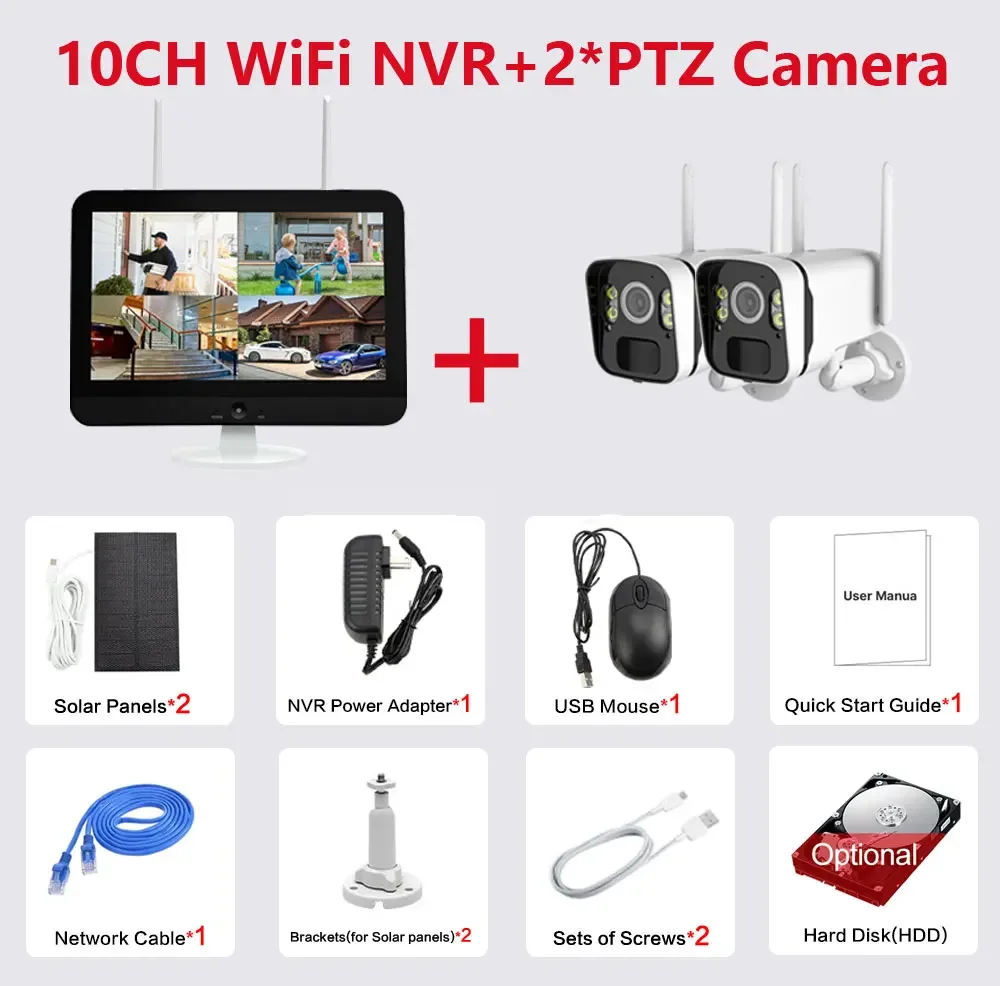 מערכת אבטחה למצלמת WIFI עם פאנל סולארי אלחוטי NVR בגודל 10.5 אינץ' ו-5 מגה פיקסל, מערכת ניטור וידאו NVR עם זיהוי PIR ומוניטור