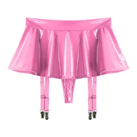 Womens Glossy Patent Leather Ruffle Mini Skirt Built-in Thongs Garter Belts Metal Clips Shorts Miniskirt Wet Look Rave Clubwear 1