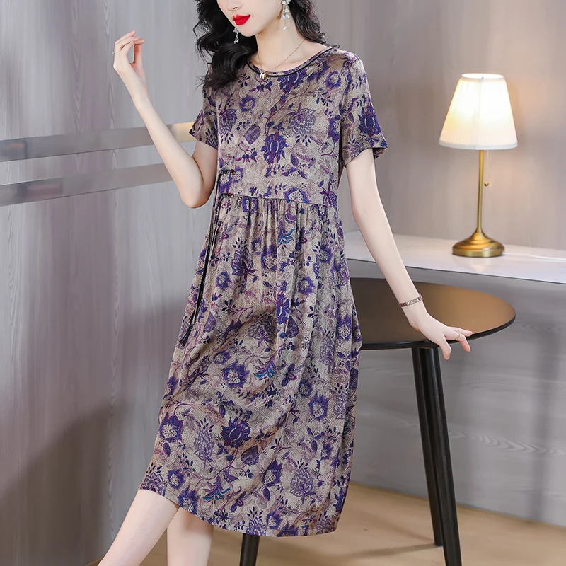 

Женское шелковое платье с цветочным принтом, длинное фиолетовое платье выше колена с коротким рукавом и круглым вырезом, шелковое атласное платье свободного покроя, 2023