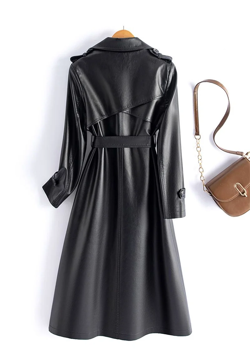 2024 High-quality Leather Trench Coat Women's Sheepskin Outerwear X-long Windbreaker Autumn Winter Lady Streetwear Overcoat 5xl
