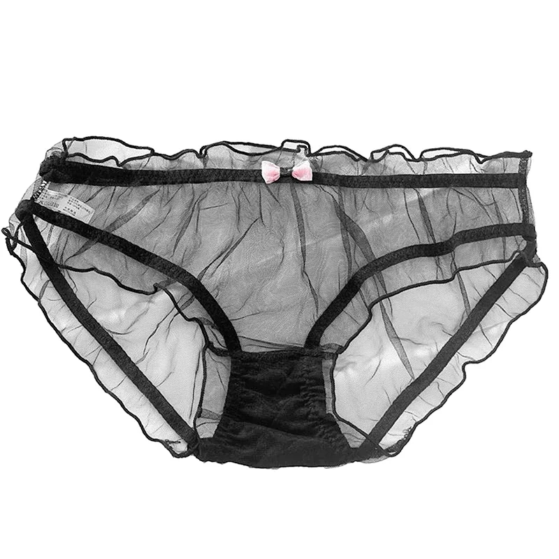 Sexy Lace Briefs for Women Lolita Mesh Panties Transparent Underwear Summer Bow Briefs Girl Low Waist Underpants Ruffle Lingerie
