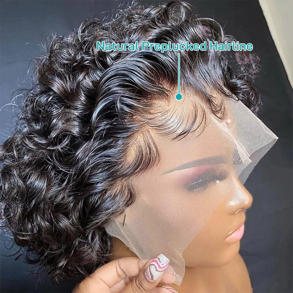 Melodie Pixie Cut Wig Water Wave Human Hair Lace Frontal Wigs T Part Short Bob Curly Transparent Lace Wigs For Black Women