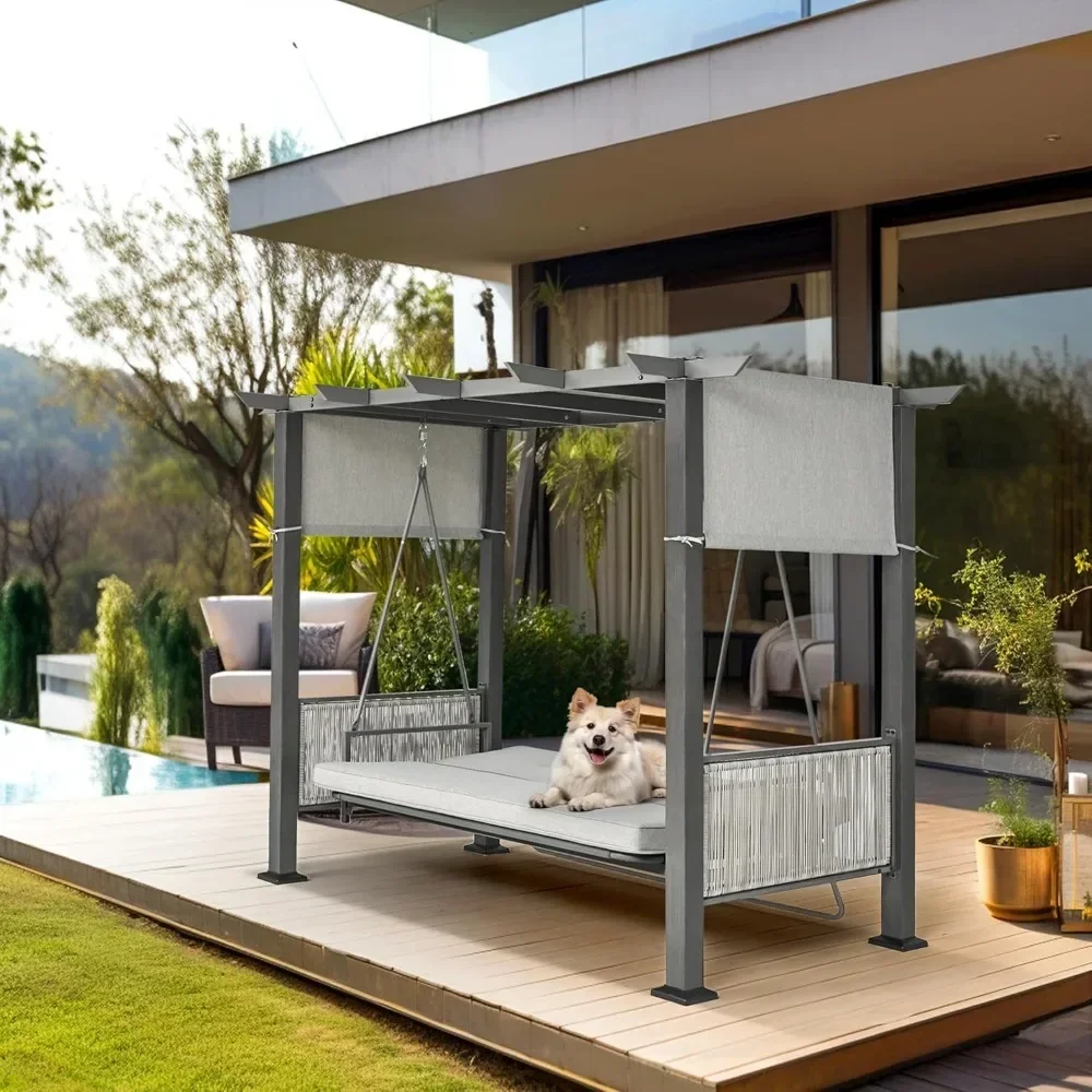 3-Seat Patio Swing Chair,Outdoor Patio Swing Bed with Adjustable Curtains,Porch Swing Bed for Balconies, Gardens and Poolside 6