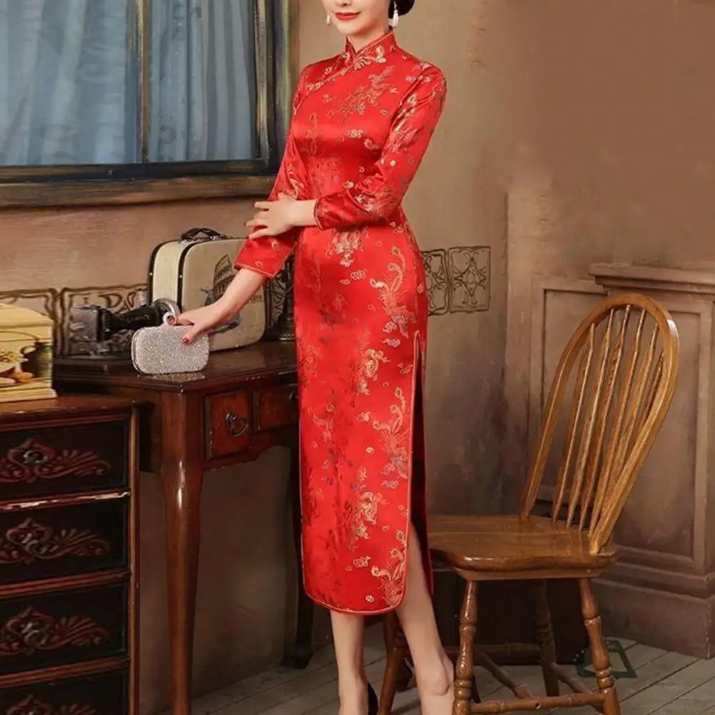 

Slim Fit Cheongsam Elegant Chinese Style Women's Cheongsam Dress for Weddings Parties with High Slits Long Fork Classic Qipao