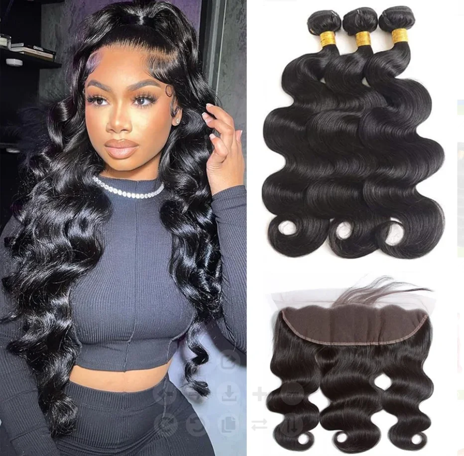 

Catwo Body Wave Bundles With 13*4 Lace Frontal Closure Remy Human Hair Bundles Peruvian Real Natural 3/4 Bundles With Frontal