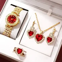 Golden Luxury Watch Women Ring Necklace Earring Rhinestone Fashion Wristwatch Casual Ladies Bracelet Watches Jewelry Set 1