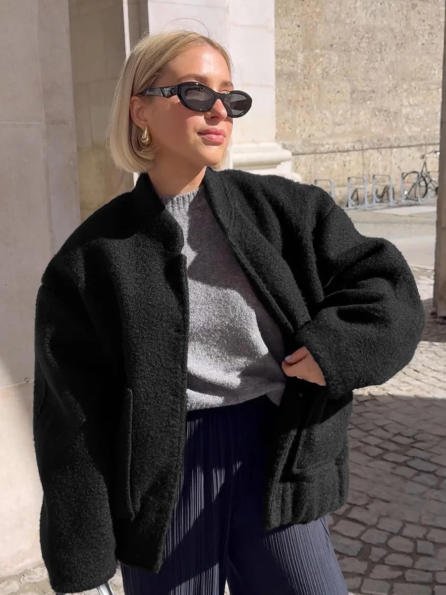 Bornladies Women's Autumn Winter Boucle Coat Loose Stand Collar Woolen Jacket Elegant Casual Outerwear