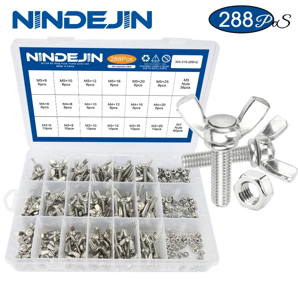 Nindejin-asa Parafuso Parafuso e Porca Grupo Butterfly Screw Grupo Wing-head Thumb Kit Parafuso Din316 m3 m4 m5 288 Pcs Set Aço Inoxidável