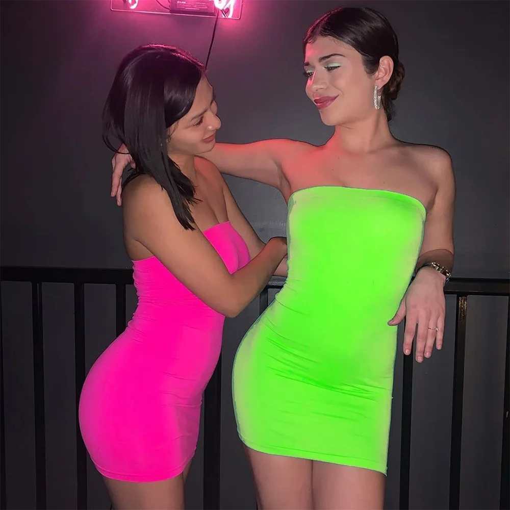 

Summer Fashion Neon Green Slash Neck Slim Sexy Mini Dresses Elegant Ladies Casual All-match Party Nightclub Pink Bodycon Dress