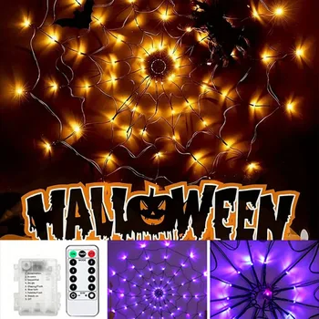 Outdoor Halloween Spider Web LED Purple Lights Battery Powered 8 Modes 70LED String Lights Remote Control Garden Wall Decoration